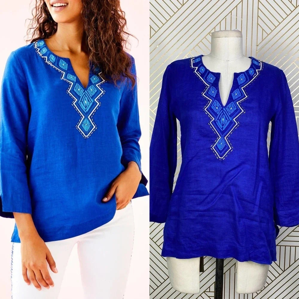 Lilly Pulitzer Amelia Island Tunic Twilight Blue Beaded‎ Embroidered Size US XXS